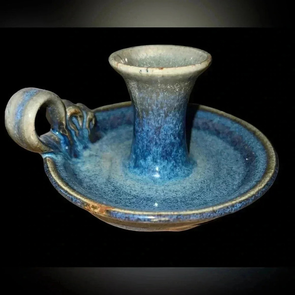 Handmade Taper Blue Candle Holder w/Handle Artisan Made in Durango CO - Picture 2 of 4